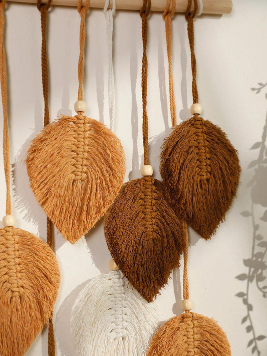 Leaf Macrame Tapestry – Brown & Green Boho Wall Hanging for Cozy, Natural Home Decor